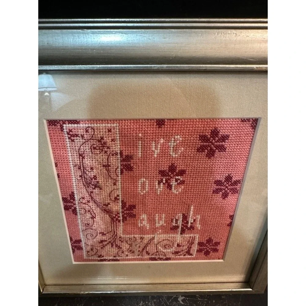 Live Love Laugh‎ Framed Cross Stitch Pink White Floral Wall Decor Silver Frame